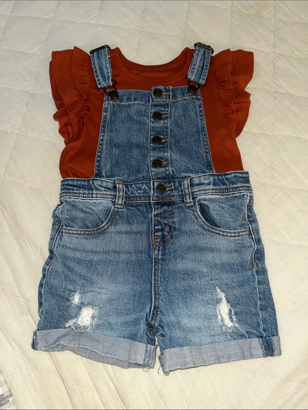 Girls' Denim Short Overalls with Rust Ruffle Top
